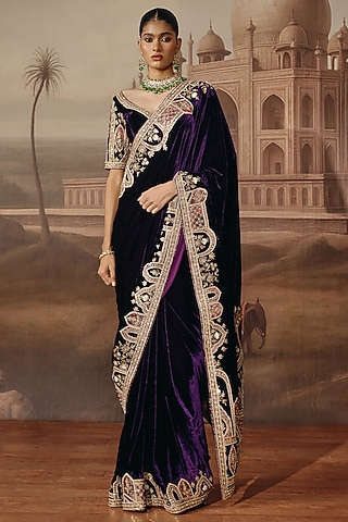 Purple Velvet Dabka Embroidered Saree Set by SABE