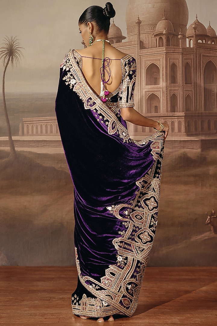 Purple Velvet Dabka Embroidered Reception Saree Set by SABE at Pernia's Pop Up Shop