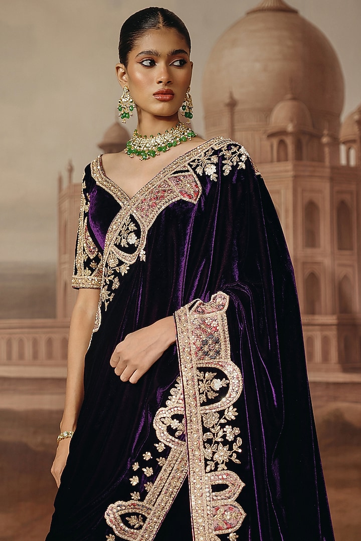 Purple Velvet Dabka Embroidered Reception Saree Set by SABE at Pernia's Pop Up Shop