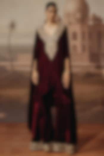 Wine Velvet Dori & Sequins Embroidered Kaftan Set by SABE at Pernia's Pop Up Shop