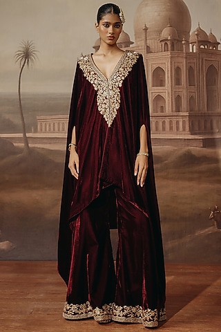 Wine Velvet Dori & Sequins Embroidered Kaftan Set by SABE