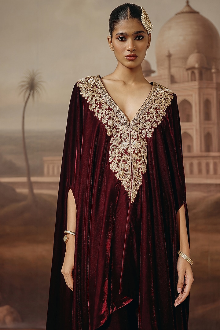 Wine Velvet Dori & Sequins Embroidered Kaftan Set by SABE at Pernia's Pop Up Shop