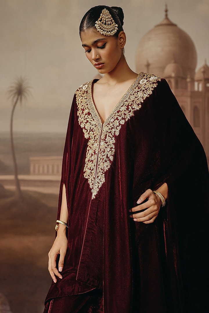 Wine Velvet Dori & Sequins Embroidered Kaftan Set by SABE at Pernia's Pop Up Shop