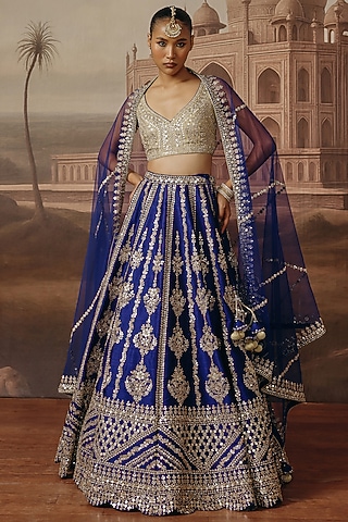 Blue Silk Sequins & Zari Embroidered Lehenga Set by SABE