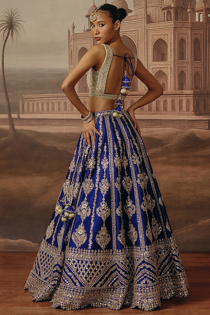 Blue Silk Sequins & Zari Embroidered Wedding Lehenga Set by SABE at Pernia's Pop Up Shop