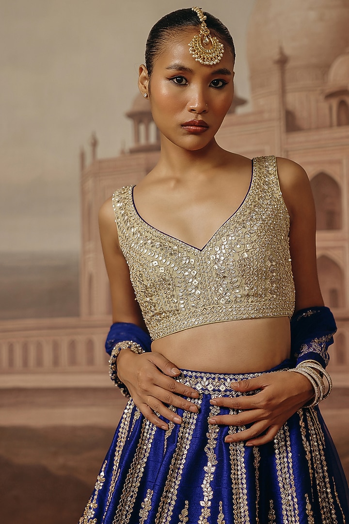 Blue Silk Sequins & Zari Embroidered Wedding Lehenga Set by SABE at Pernia's Pop Up Shop
