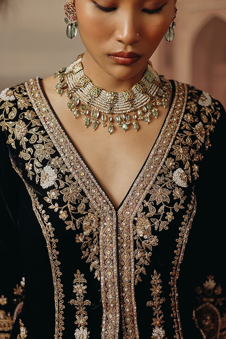 Onyx Black Velvet Dabka Embroidered Kurta Set by SABE at Pernia's Pop Up Shop
