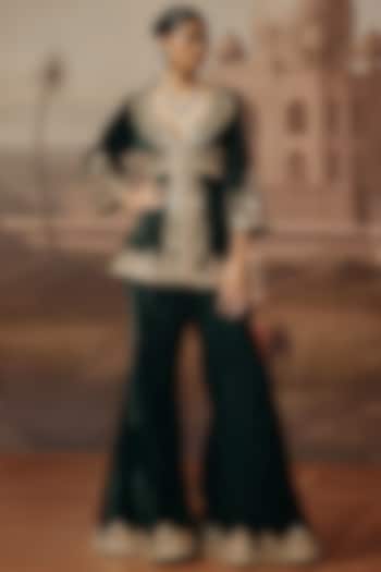 Bottle Green Velvet Dabka Embroidered Co-Ord Set by SABE at Pernia's Pop Up Shop