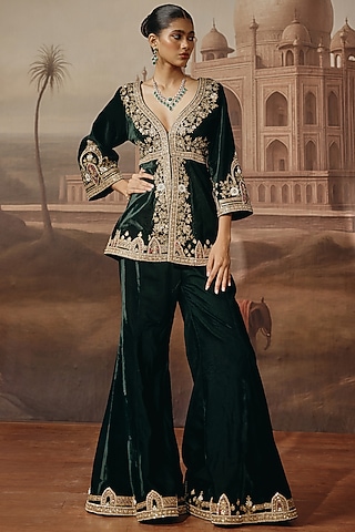 Bottle Green Velvet Dabka Embroidered Co-Ord Set by SABE
