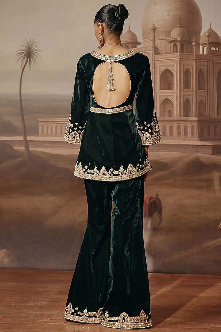 Bottle Green Velvet Dabka Embroidered Co-Ord Set by SABE at Pernia's Pop Up Shop