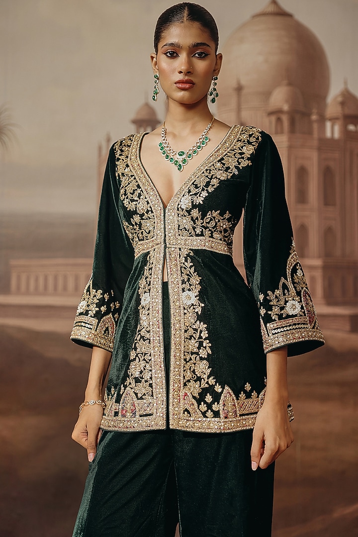 Bottle Green Velvet Dabka Embroidered Co-Ord Set by SABE at Pernia's Pop Up Shop
