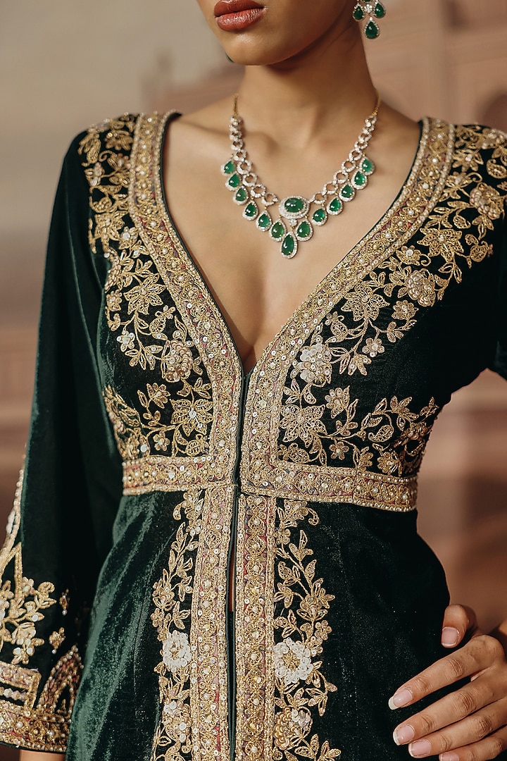 Bottle Green Velvet Dabka Embroidered Co-Ord Set by SABE at Pernia's Pop Up Shop