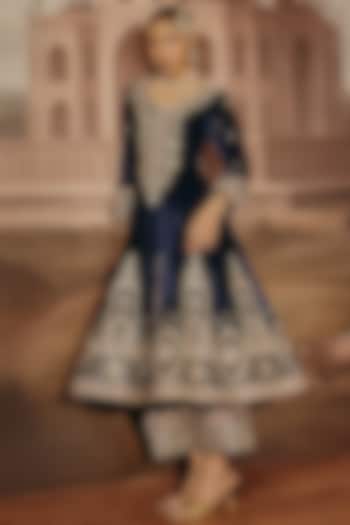 Navy Blue Velvet Dabka Embroidered Bridal Anarkali Set by SABE at Pernia's Pop Up Shop
