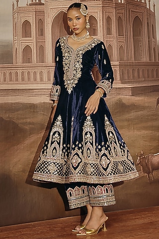 Navy Blue Velvet Dabka Embroidered Anarkali Set by SABE