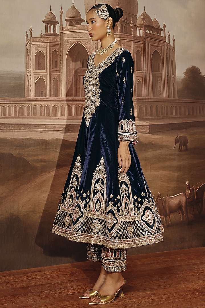 Navy Blue Velvet Dabka Embroidered Bridal Anarkali Set by SABE at Pernia's Pop Up Shop