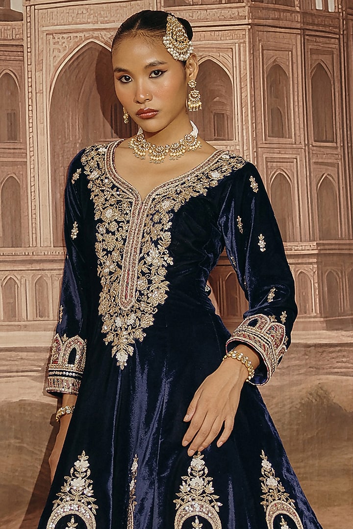 Navy Blue Velvet Dabka Embroidered Bridal Anarkali Set by SABE at Pernia's Pop Up Shop