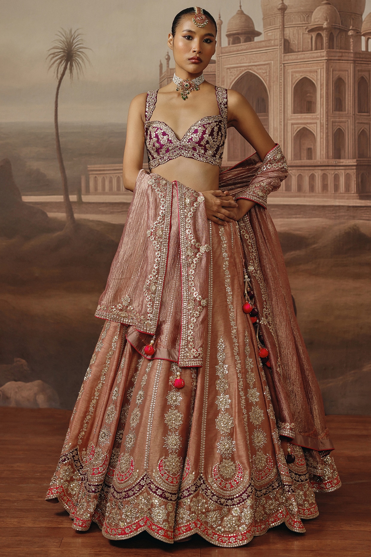 SABE Onion Pink Silk Pearl & Sequins Embroidered Lehenga Set