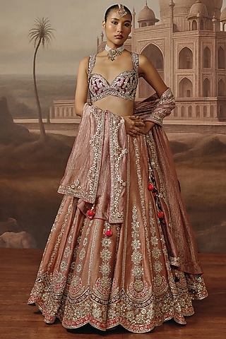 Onion Pink Silk Pearl & Sequins Embroidered Lehenga Set by SABE