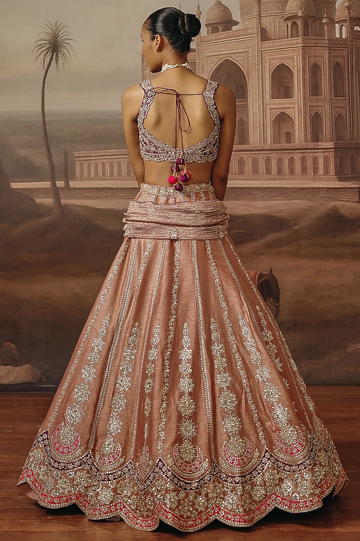 Onion Pink Silk Pearl & Sequins Embroidered Wedding Lehenga Set by SABE at Pernia's Pop Up Shop