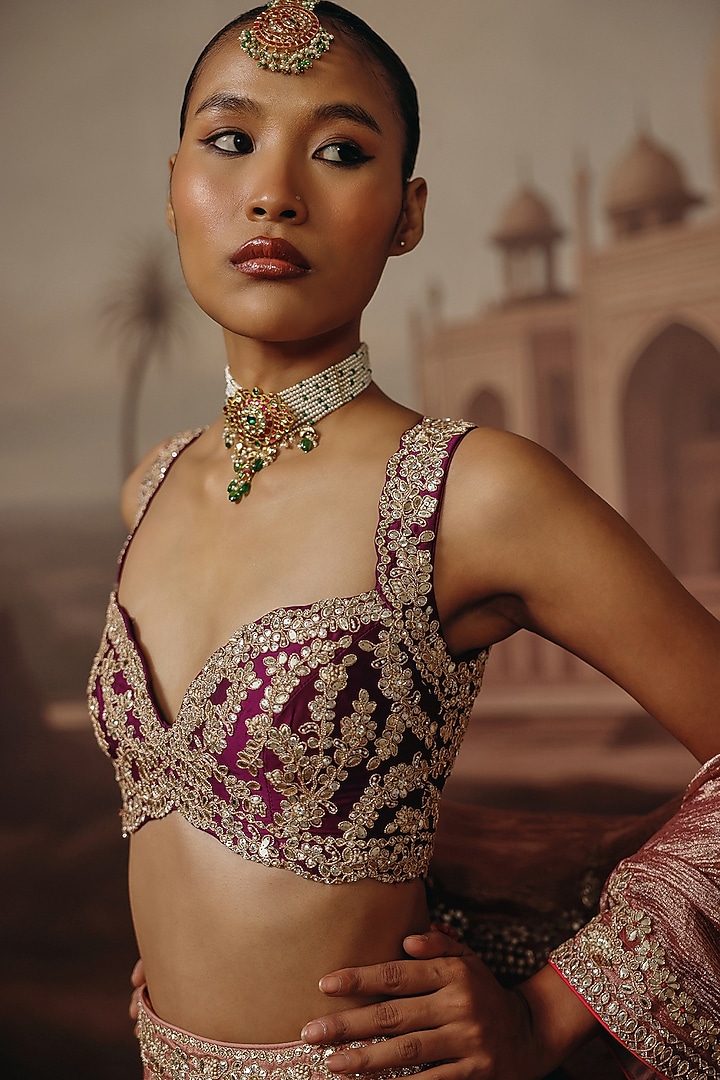 Onion Pink Silk Pearl & Sequins Embroidered Wedding Lehenga Set by SABE at Pernia's Pop Up Shop