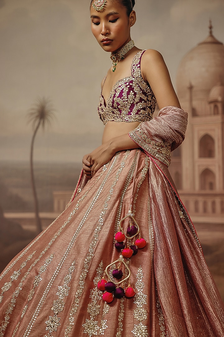 Onion Pink Silk Pearl & Sequins Embroidered Wedding Lehenga Set by SABE at Pernia's Pop Up Shop