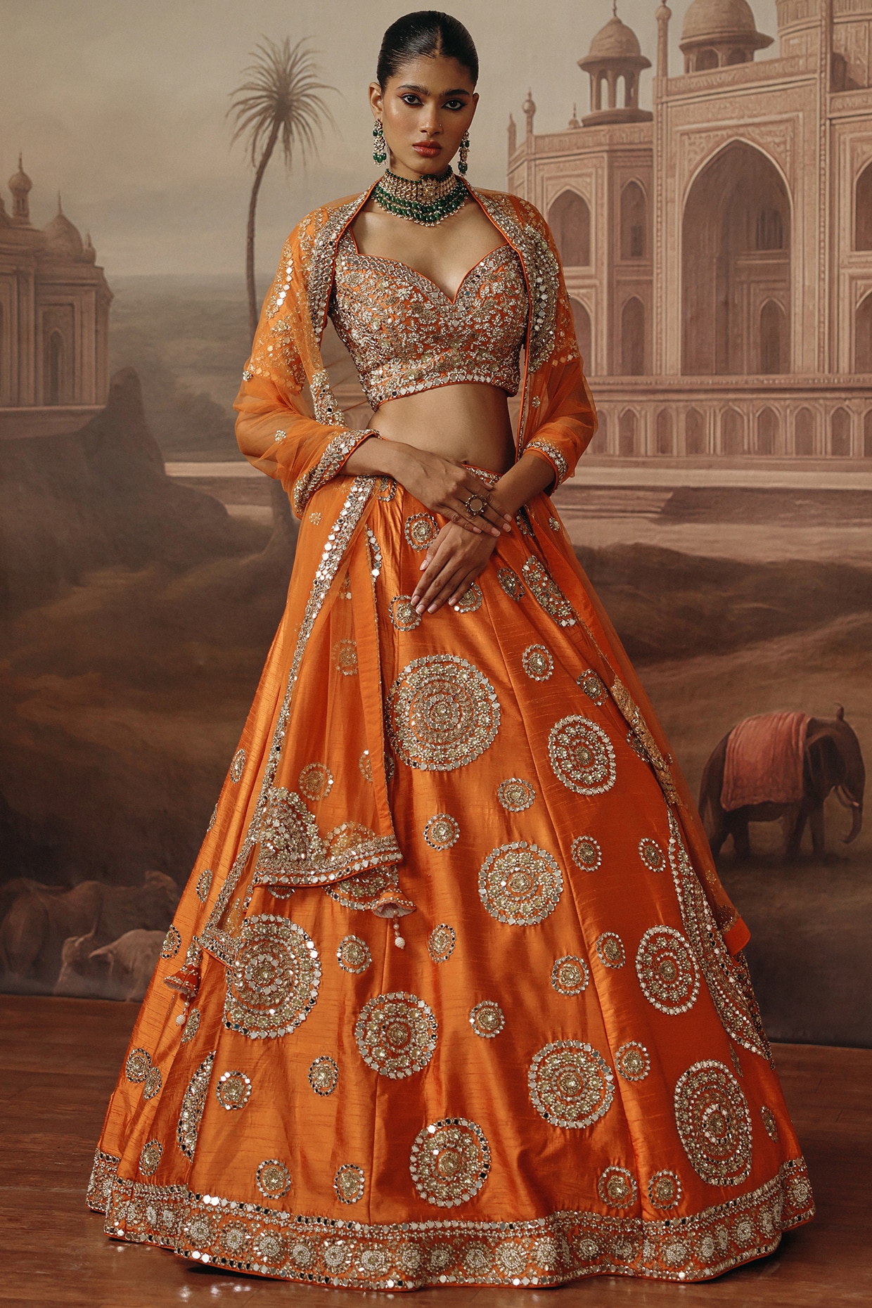 SABE Rust Silk Mirror & Dabka Embroidered Lehenga Set