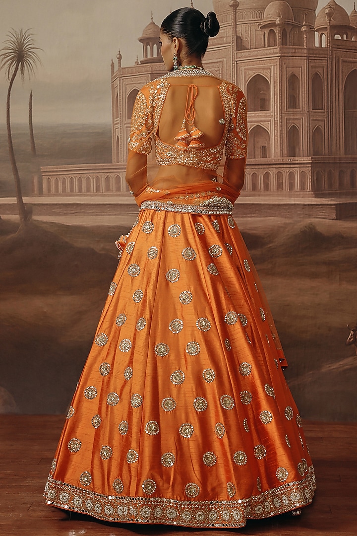 Rust Silk Mirror & Dabka Embroidered Bridal Lehenga Set by SABE at Pernia's Pop Up Shop