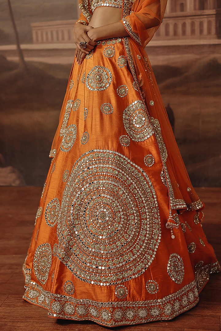 Rust Silk Mirror & Dabka Embroidered Bridal Lehenga Set by SABE at Pernia's Pop Up Shop