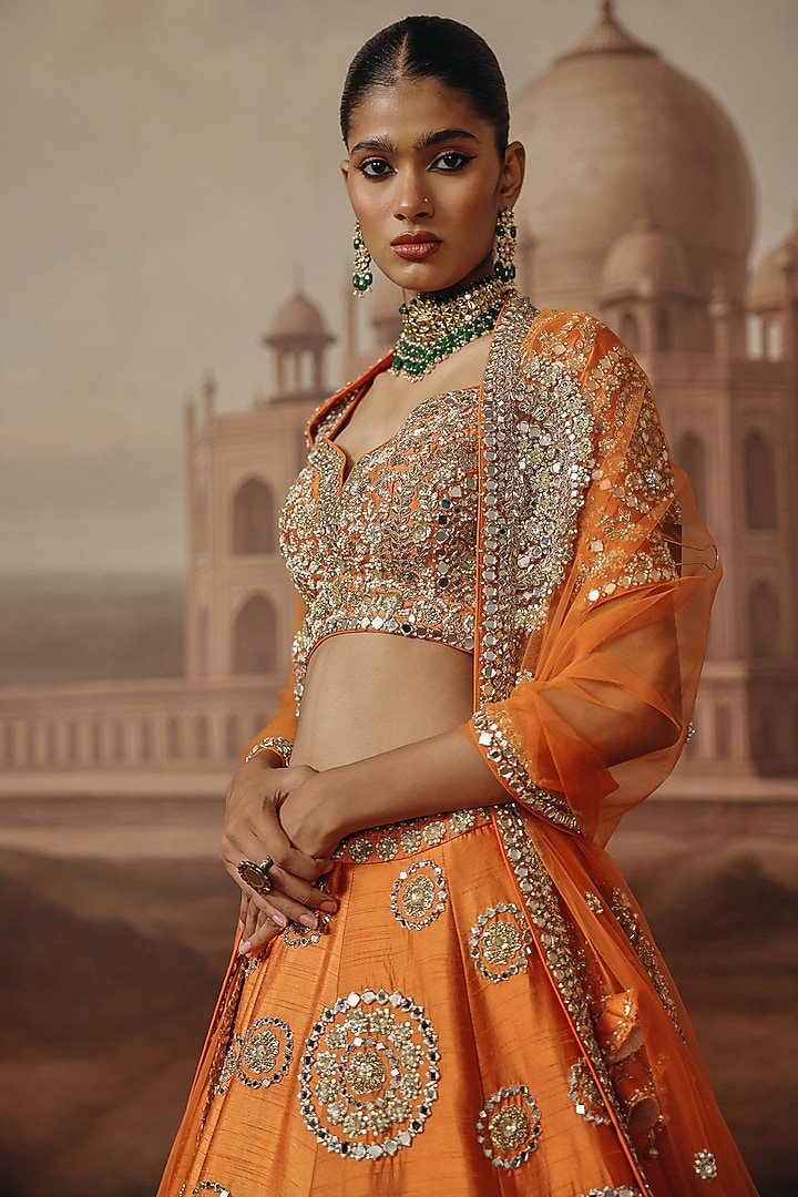 Rust Silk Mirror & Dabka Embroidered Bridal Lehenga Set by SABE at Pernia's Pop Up Shop