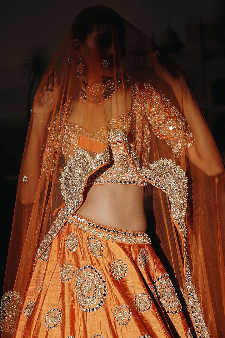Rust Silk Mirror & Dabka Embroidered Bridal Lehenga Set by SABE at Pernia's Pop Up Shop