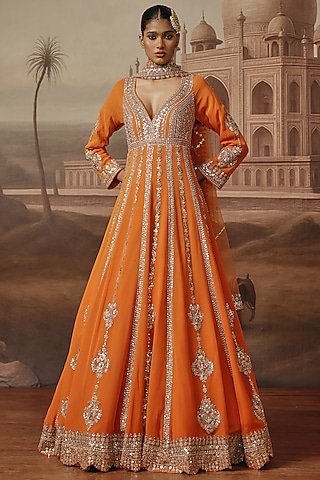 Rust Georgette Mirror Embroidered Anarkali Set by SABE