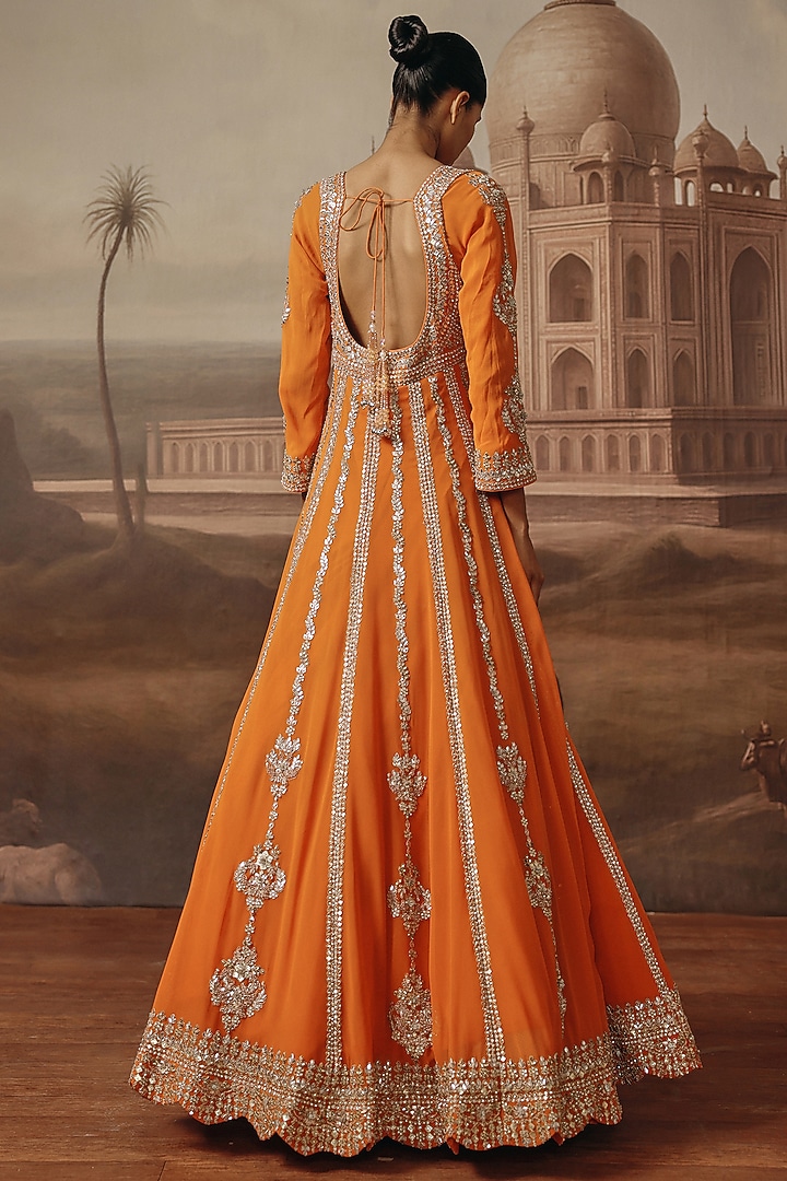 Rust Georgette Mirror Embroidered Bridal Anarkali Set by SABE at Pernia's Pop Up Shop