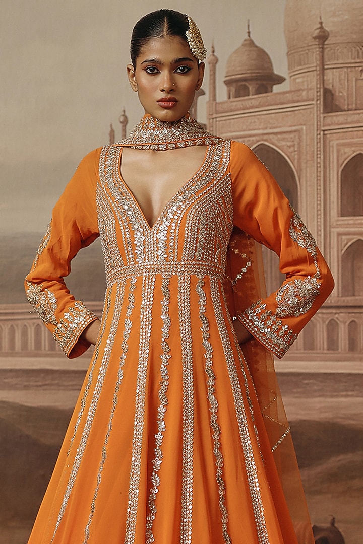 Rust Georgette Mirror Embroidered Bridal Anarkali Set by SABE at Pernia's Pop Up Shop