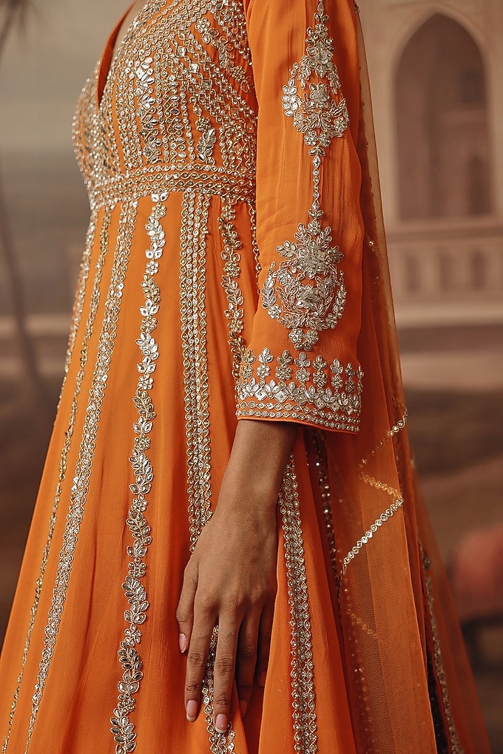 Rust Georgette Mirror Embroidered Bridal Anarkali Set by SABE at Pernia's Pop Up Shop