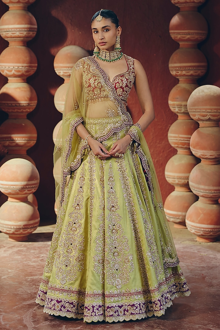 Pista Green Tissue Silk Zardosi Embellished Bridal Lehenga Set by SABE at Pernia's Pop Up Shop