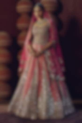 Rani Pink Tissue Silk Pearl Embellished Bridal Lehenga Set by SABE at Pernia's Pop Up Shop