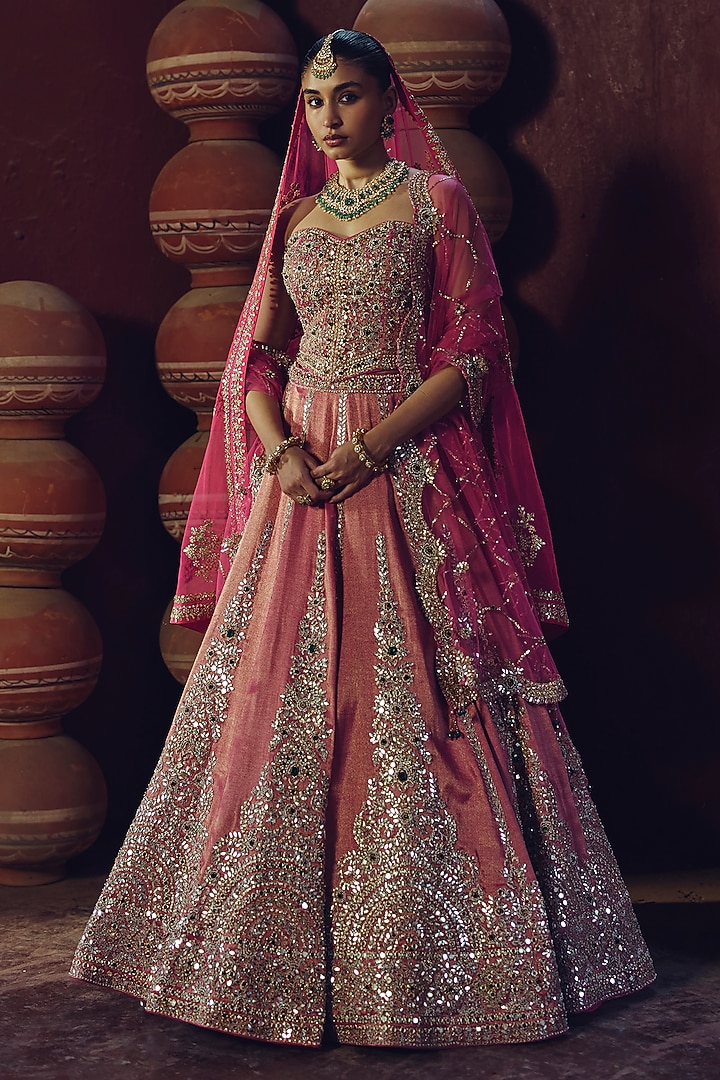 Rani Pink Tissue Silk Pearl Embellished Bridal Lehenga Set by SABE at Pernia's Pop Up Shop
