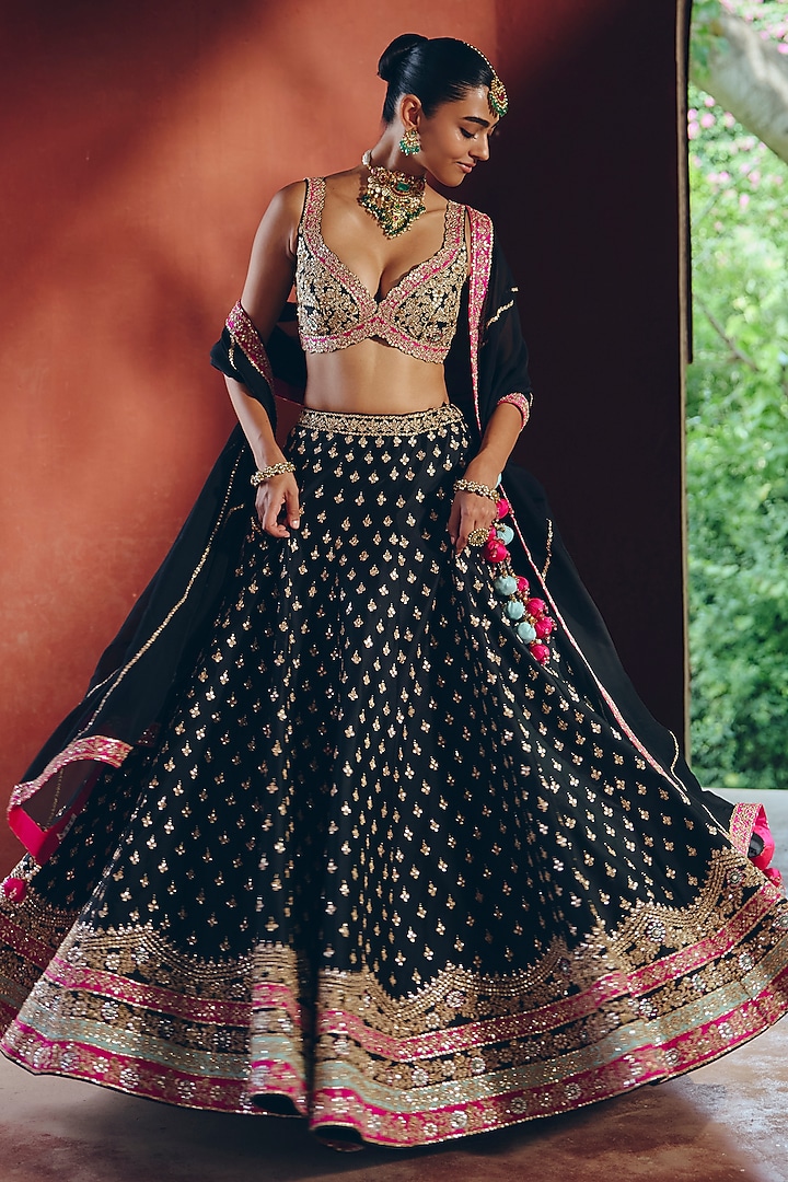 Black Silk Zardosi Embellished Wedding Lehenga Set by SABE at Pernia's Pop Up Shop