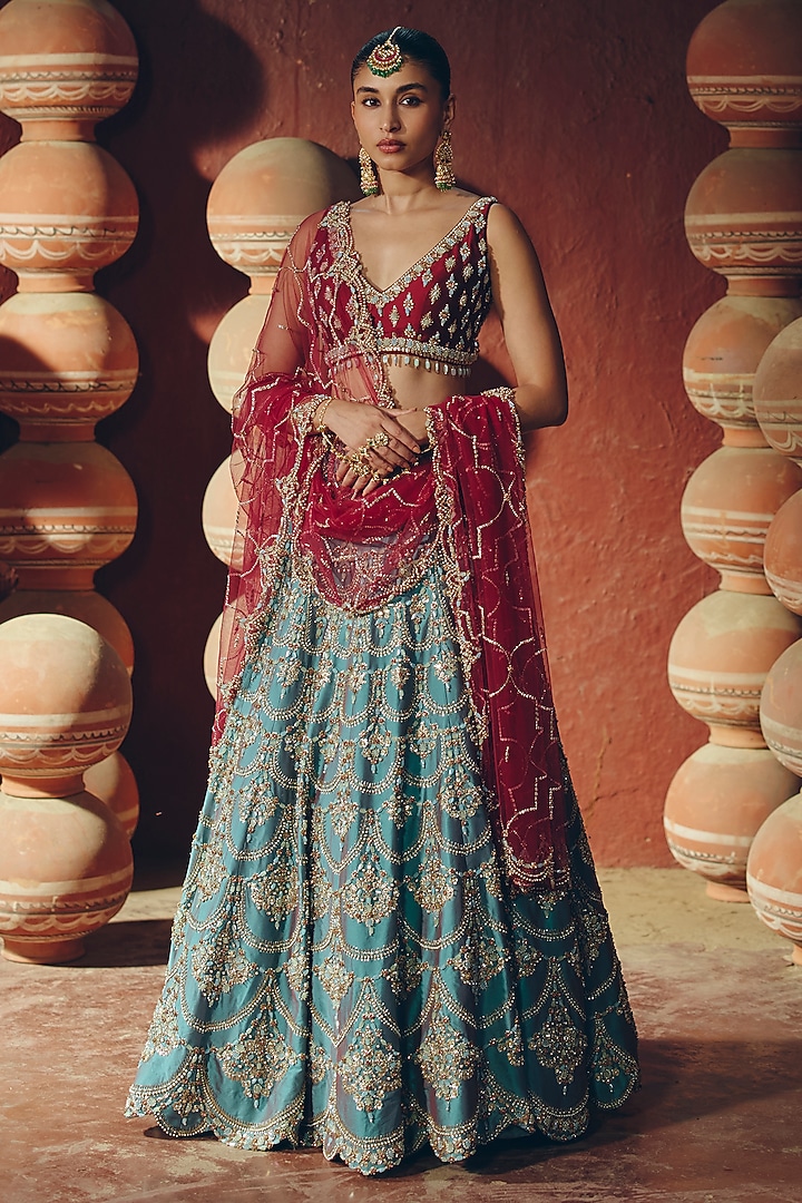Turquoise Silk Pearl Embellished Bridal Lehenga Set For Girls by SABE at Pernia's Pop Up Shop