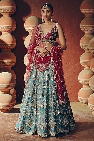 Turquoise Silk Pearl Embellished Lehenga Set For Girls by SABE