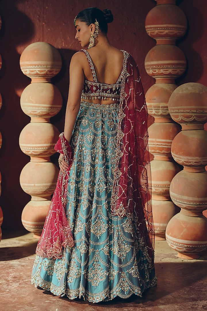 Turquoise Silk Pearl Embellished Bridal Lehenga Set For Girls by SABE at Pernia's Pop Up Shop