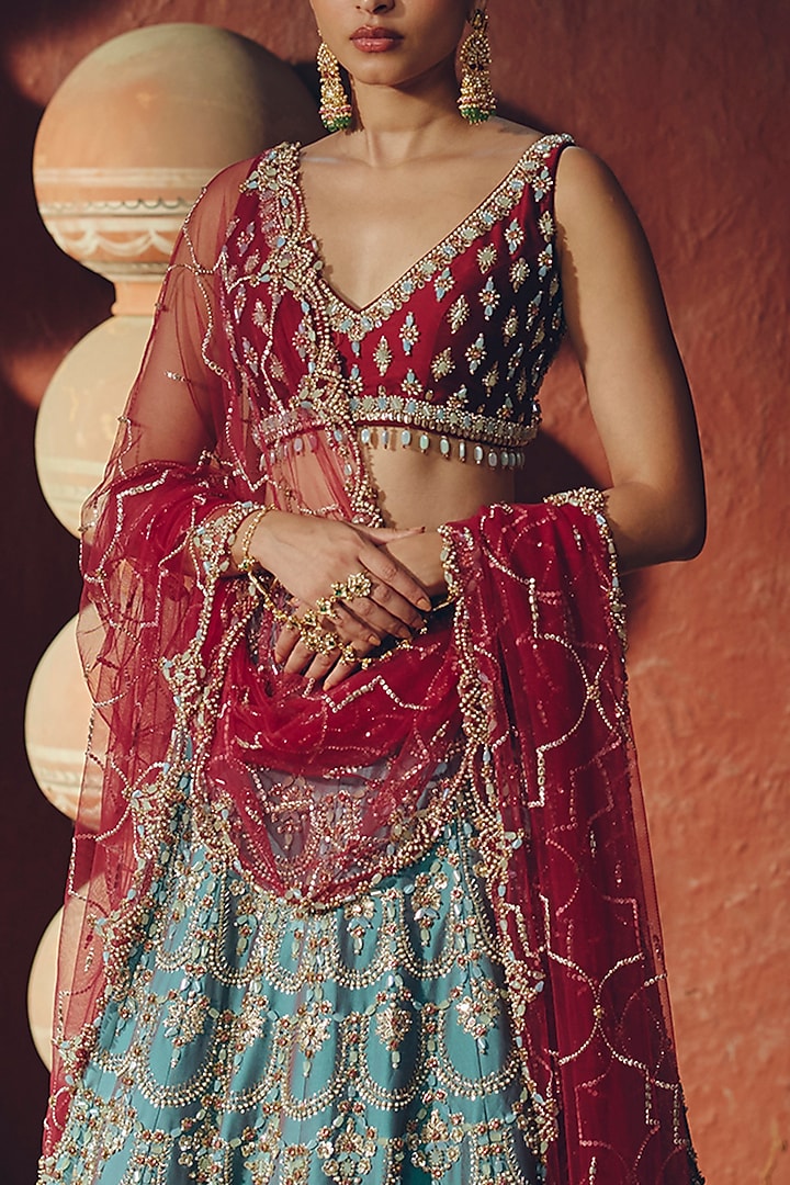 Turquoise Silk Pearl Embellished Bridal Lehenga Set For Girls by SABE at Pernia's Pop Up Shop