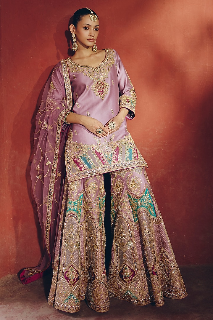 Lilac Silk Sequin Embellished Gharara Set by SABE at Pernia's Pop Up Shop