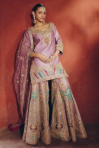 Lilac Silk Sequin Embellished Gharara Set by SABE