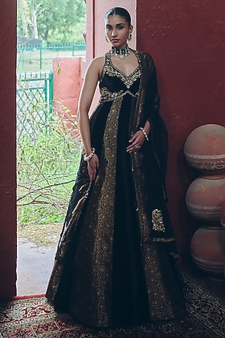 Black Silk Velvet Zardosi Embellished Anarkali Set by SABE