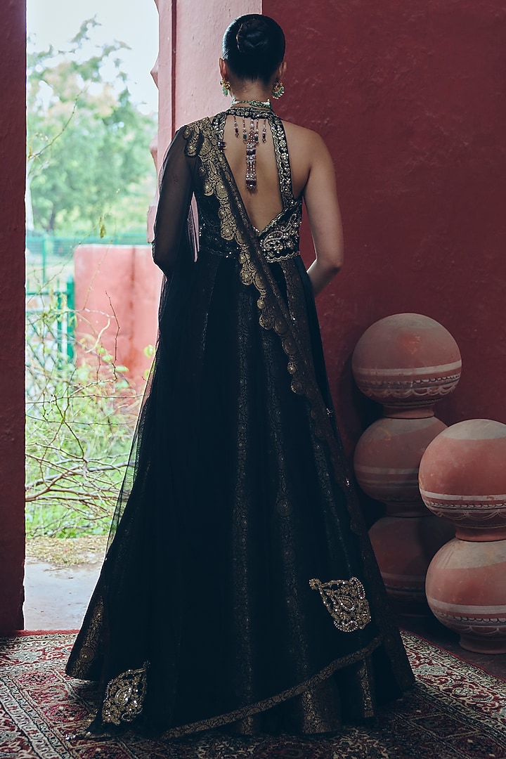 Black Silk Velvet Zardosi Embellished Wedding Anarkali Set by SABE at Pernia's Pop Up Shop