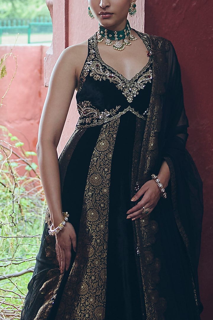 Black Silk Velvet Zardosi Embellished Wedding Anarkali Set by SABE at Pernia's Pop Up Shop