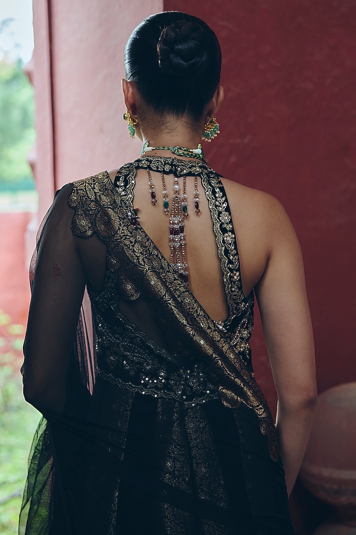 Black Silk Velvet Zardosi Embellished Wedding Anarkali Set by SABE at Pernia's Pop Up Shop