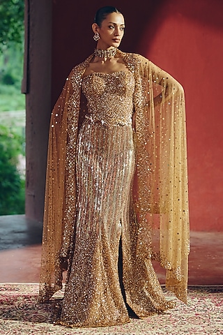 Gold Net Crystal Embellished Flared Skirt Set by SABE