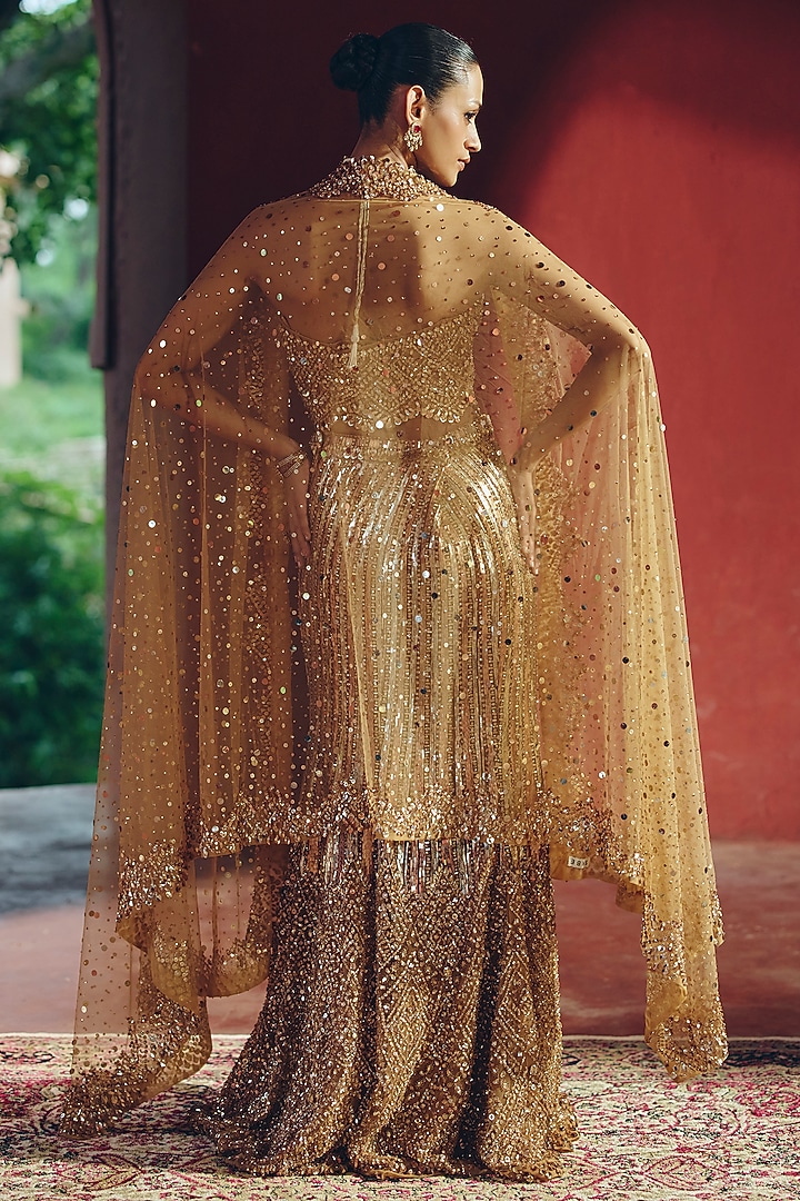 Gold Net Crystal Embellished Flared Skirt Set by SABE at Pernia's Pop Up Shop